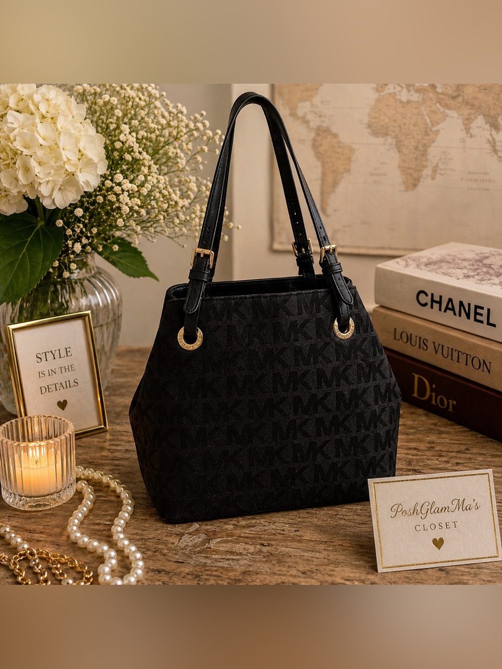 Michael Kors Black Logo-Print Shoulder Bag with Gold Hardware